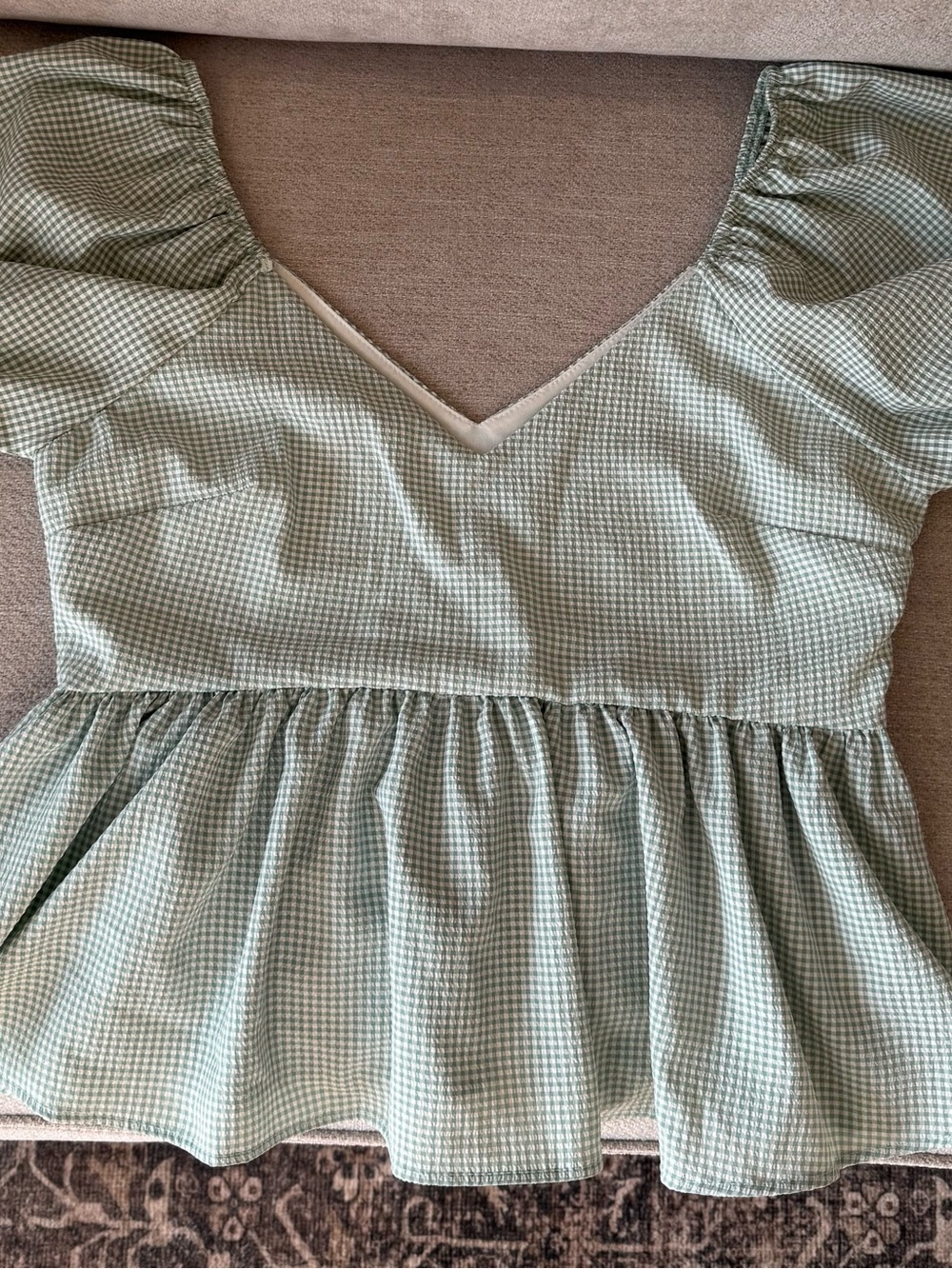 Altar'd State Sage Gingham Peplum V-Neck Puff Sleeve Top